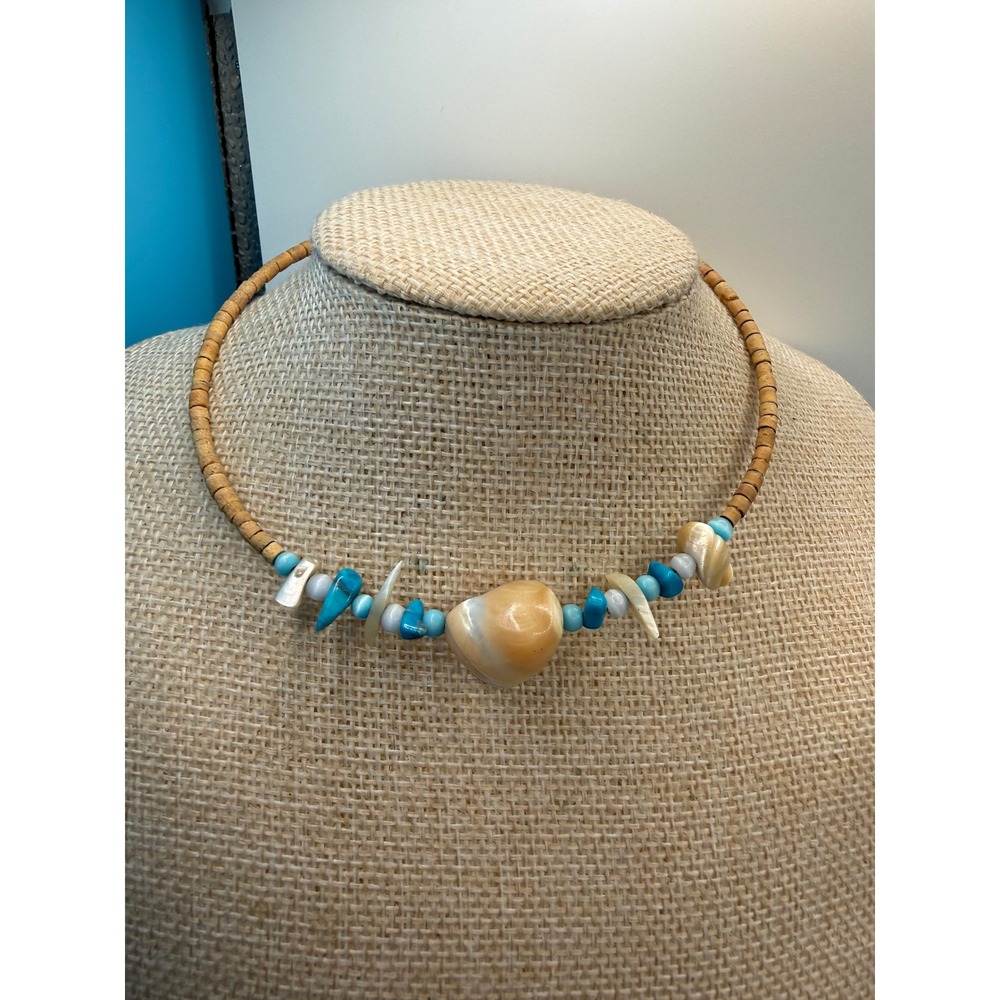 Boho Shell Wood Bead Memory Wire Choker Necklace Turquoise Blue Coastal Beach